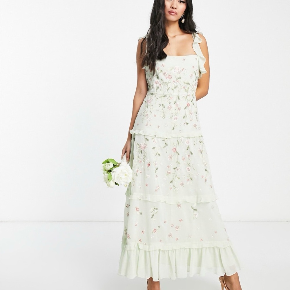ASOS Sage Green Floral Beaded Tiered Maxi Dress- NWT